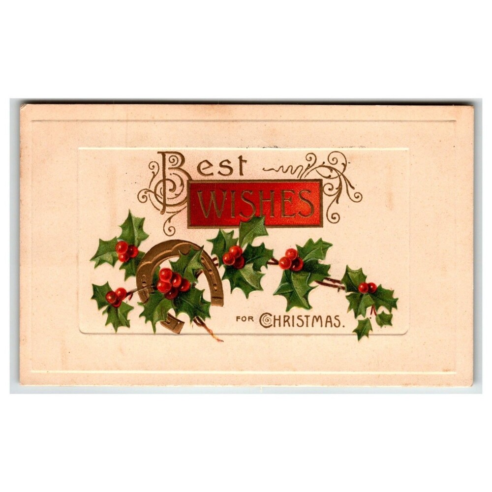 1910 Embossed Christmas Postcard Lucky Horseshoe Holly Berries Trenton NJ